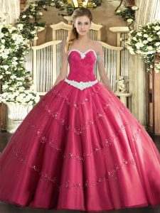 Ideal Hot Pink Sleeveless Tulle Lace Up 15 Quinceanera Dress for Military Ball and Sweet 16 and Quinceanera