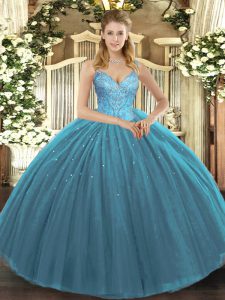 Customized Teal V-neck Lace Up Beading 15 Quinceanera Dress Sleeveless