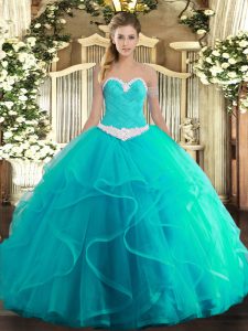 Discount Turquoise Ball Gowns Sweetheart Sleeveless Tulle Floor Length Lace Up Appliques and Ruffles Vestidos de Quinceanera