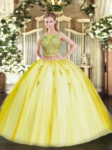 Superior Yellow Sleeveless Floor Length Beading and Appliques Lace Up Quince Ball Gowns