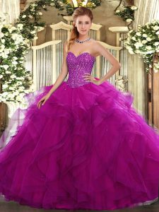 Wonderful Fuchsia Lace Up Quinceanera Gowns Beading and Ruffles Sleeveless Floor Length