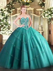 High Class Teal Ball Gowns Tulle Sweetheart Sleeveless Beading and Appliques Floor Length Lace Up Sweet 16 Dress