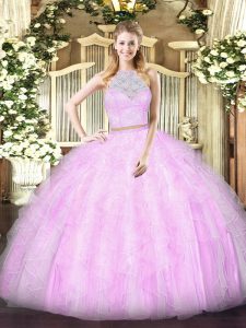 Floor Length Lilac 15 Quinceanera Dress Tulle Sleeveless Lace and Ruffles