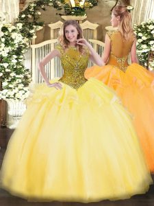 Gold Zipper Vestidos de Quinceanera Beading and Appliques Cap Sleeves Floor Length