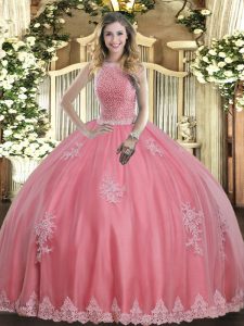 Baby Pink 15th Birthday Dress Military Ball and Sweet 16 and Quinceanera with Beading and Appliques High-neck Sleeveless Lace Up