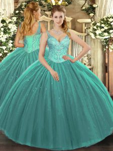 Dramatic Floor Length Turquoise Quinceanera Dresses V-neck Sleeveless Lace Up