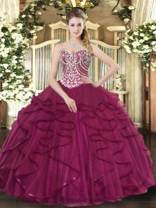 Fashionable Floor Length Burgundy Sweet 16 Quinceanera Dress Sweetheart Sleeveless Lace Up