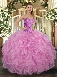 Rose Pink Sleeveless Floor Length Beading and Ruffles Lace Up 15 Quinceanera Dress