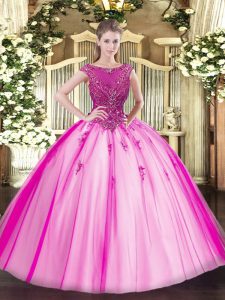 Excellent Scoop Cap Sleeves Lace Up Quinceanera Dresses Fuchsia Tulle