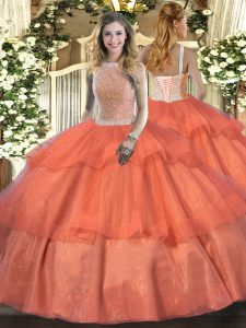 Classical Orange Red Tulle Lace Up Sweet 16 Quinceanera Dress Sleeveless Floor Length Beading and Ruffled Layers