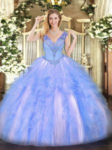 Light Blue Lace Up V-neck Beading and Ruffles Quinceanera Gowns Organza Sleeveless