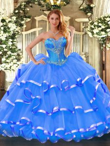 Free and Easy Blue Sleeveless Floor Length Beading and Ruffled Layers Lace Up Quinceanera Gown