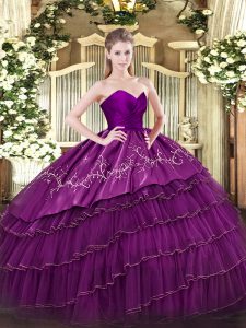 Eggplant Purple Sweetheart Zipper Embroidery and Ruffled Layers Quinceanera Dresses Sleeveless