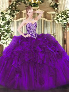 Purple Sleeveless Organza Lace Up Quinceanera Gowns for Military Ball and Sweet 16 and Quinceanera