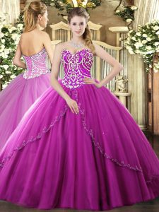 Designer Fuchsia Ball Gowns Tulle Sweetheart Sleeveless Beading Lace Up Quinceanera Dresses Brush Train