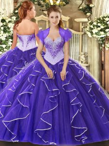 Elegant Sweetheart Cap Sleeves Lace Up Quinceanera Dresses Purple Tulle