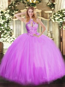 Sophisticated Halter Top Sleeveless Tulle 15th Birthday Dress Beading Lace Up