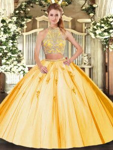 Suitable Gold Halter Top Neckline Beading and Appliques Sweet 16 Quinceanera Dress Sleeveless Criss Cross