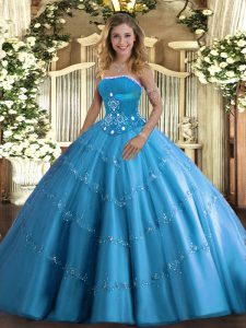 Delicate Ball Gowns Quinceanera Gown Baby Blue Strapless Tulle Sleeveless Floor Length Lace Up