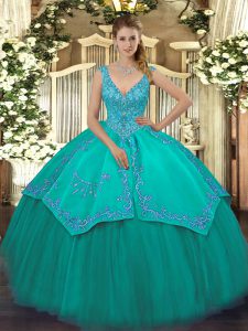 Super Turquoise Sleeveless Floor Length Beading and Embroidery Zipper 15 Quinceanera Dress