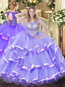 Floor Length Lavender Sweet 16 Dress Scoop Sleeveless Lace Up