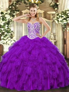 Graceful Floor Length Lace Up Sweet 16 Dress Purple for Military Ball and Sweet 16 and Quinceanera with Beading and Ruffles