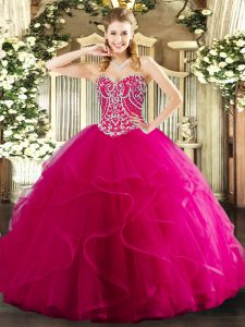 Lovely Floor Length Hot Pink 15 Quinceanera Dress Sweetheart Sleeveless Lace Up