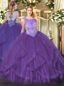 Floor Length Eggplant Purple Ball Gown Prom Dress Scoop Sleeveless Lace Up