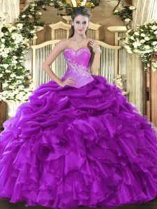 Eggplant Purple Ball Gowns Organza Sweetheart Sleeveless Beading and Ruffles and Pick Ups Floor Length Lace Up Sweet 16 Dress