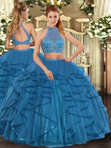 Column/Sheath Quinceanera Dress Teal Halter Top Tulle Sleeveless Floor Length Criss Cross