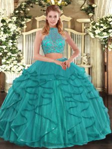 Dazzling Floor Length Two Pieces Sleeveless Turquoise 15th Birthday Dress Criss Cross