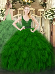 Dynamic Dark Green Straps Zipper Beading and Ruffles Quinceanera Dress Sleeveless