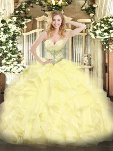 Sleeveless Organza Floor Length Lace Up Quince Ball Gowns in Yellow with Beading and Ruffles