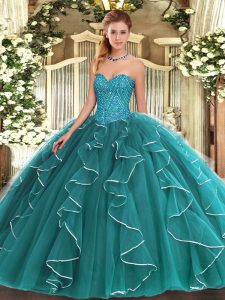 Tulle Sweetheart Sleeveless Lace Up Beading and Ruffles Quince Ball Gowns in Teal