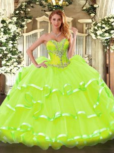 Glorious Yellow Green Lace Up Quinceanera Dresses Beading and Ruffled Layers Sleeveless Floor Length