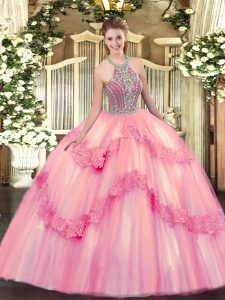 Ball Gowns 15th Birthday Dress Baby Pink Halter Top Tulle Sleeveless Floor Length Lace Up