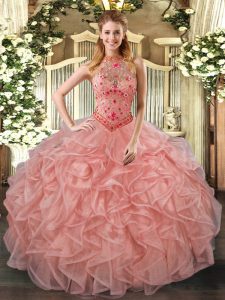 Romantic Halter Top Sleeveless Lace Up Vestidos de Quinceanera Peach Organza