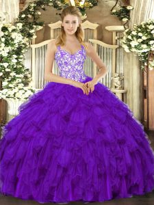 Purple Organza Lace Up Straps Sleeveless Floor Length Ball Gown Prom Dress Beading and Ruffles