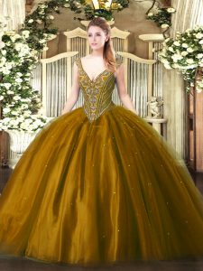 V-neck Sleeveless Tulle Quince Ball Gowns Beading Lace Up