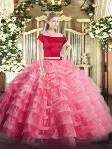 Watermelon Red Short Sleeves Appliques and Ruffled Layers Floor Length Vestidos de Quinceanera