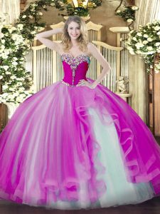 Sweetheart Sleeveless Lace Up Sweet 16 Quinceanera Dress Fuchsia Tulle