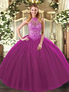 Halter Top Sleeveless Lace Up Ball Gown Prom Dress Fuchsia Tulle