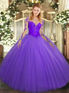 Lavender Lace Up Scoop Lace Quinceanera Gowns Tulle Long Sleeves