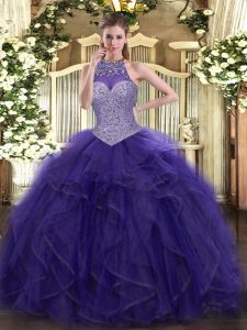 Beauteous Halter Top Sleeveless Tulle Ball Gown Prom Dress Beading and Ruffled Layers Lace Up