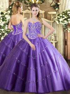 Chic Sleeveless Floor Length Beading and Appliques Lace Up Vestidos de Quinceanera with Lavender