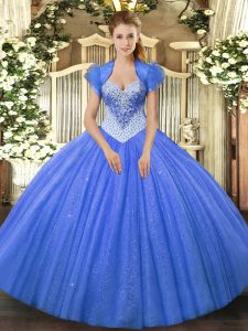 High Class Sweetheart Sleeveless Sweet 16 Dresses Floor Length Beading Blue Tulle