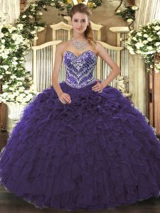 Sweetheart Sleeveless Quinceanera Dress Floor Length Beading and Ruffled Layers Purple Tulle