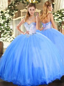 Cute Baby Blue Sleeveless Beading Floor Length Quinceanera Gowns