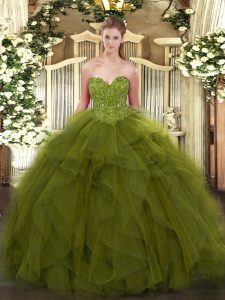 Olive Green Sleeveless Beading Floor Length 15 Quinceanera Dress