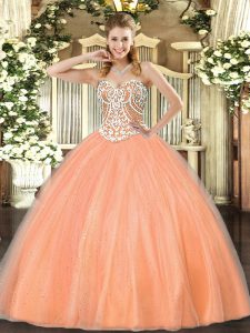 Sexy Floor Length Lace Up Sweet 16 Quinceanera Dress Peach for Military Ball and Sweet 16 and Quinceanera with Beading